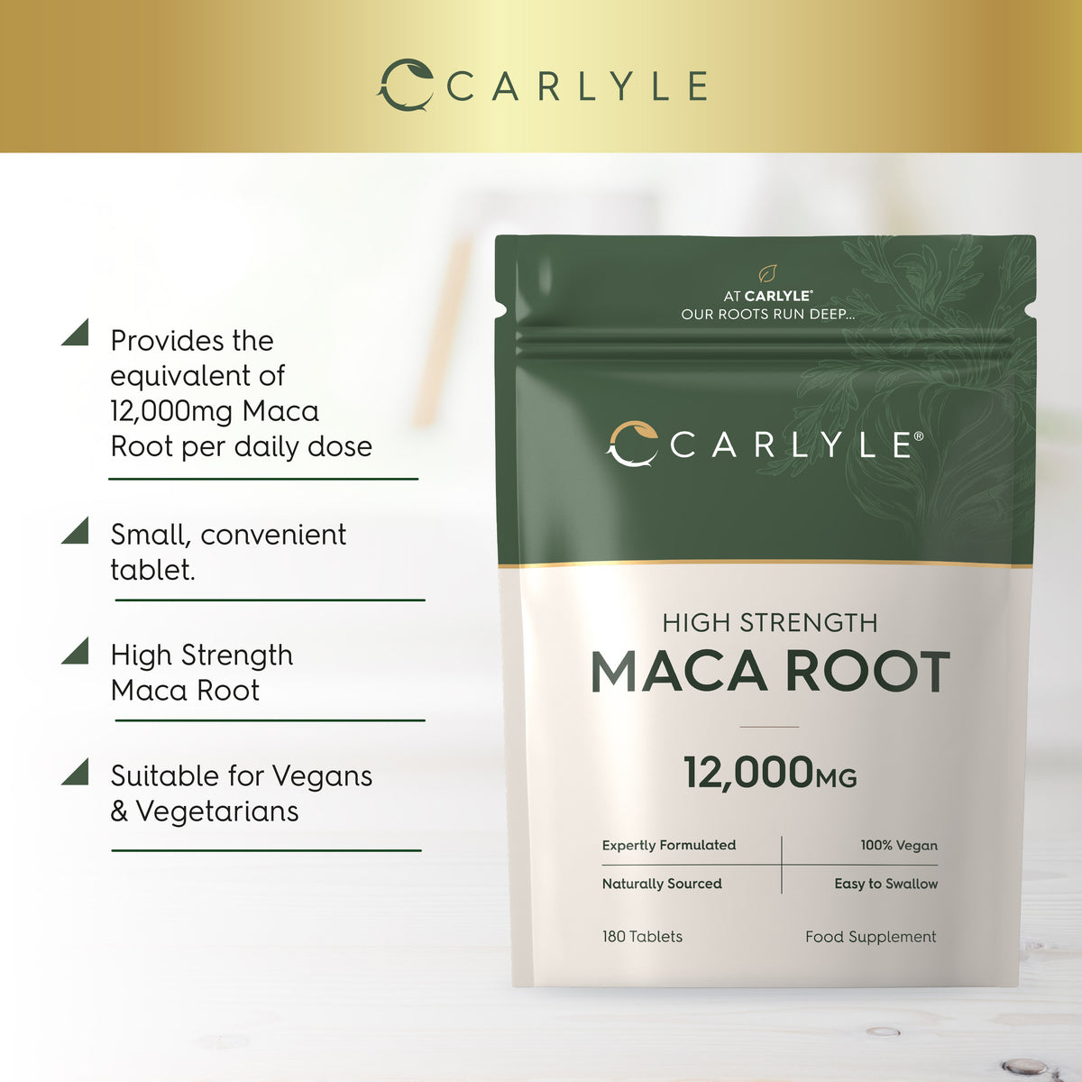 Product highlights graphic stating 12,000mg Maca Root equivalent daily dose, small tablet, high strength, vegan & vegetarian suitable.