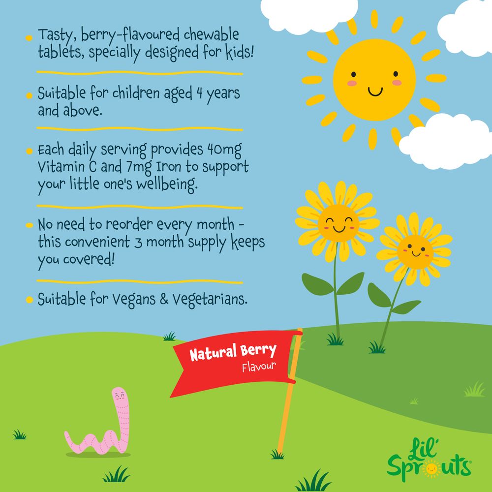 Product highlights graphic stating Berry chewable tablets for kids 4+ years, provides 40mg Vitamin C & 7mg Iron, 3 month supply, Vegan & Vegetarian.
