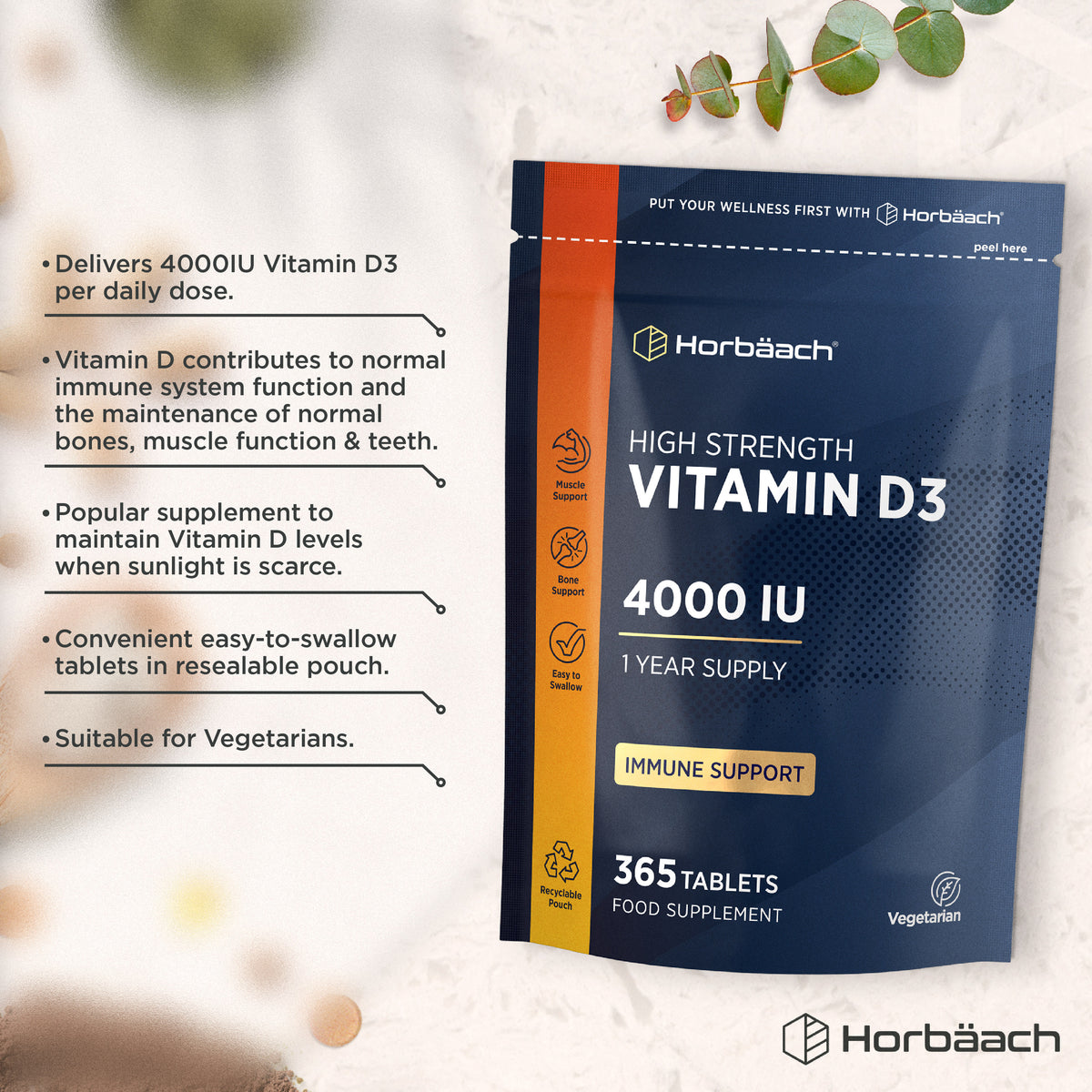 Horbäach High Strength Vitamin D3 4000 IU, 365 Vegetarian Tablets in a convenient resealable pouch.