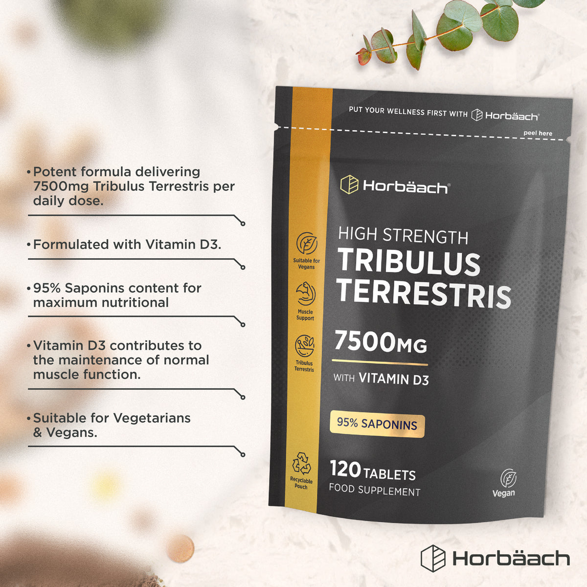 Horbäach High Strength Tribulus Terrestris 7500mg with Vitamin D3, 95% Saponins, 120 Vegan Tablets Food Supplement.