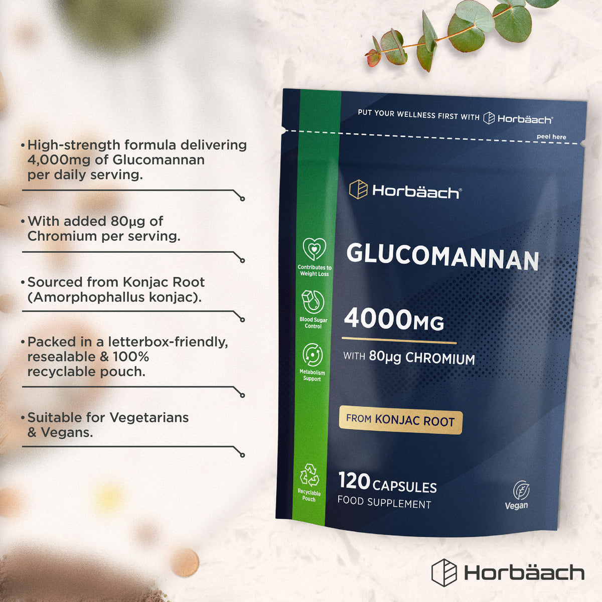 Horbäach Glucomannan 4000mg with 80µg Chromium in 120 vegan capsules, shown on product packaging.