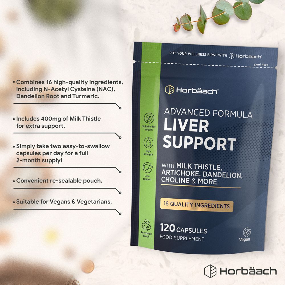 120 capsules of Horbäach Advanced Formula Liver Support in a pouch, with some capsules scattered on a surface.