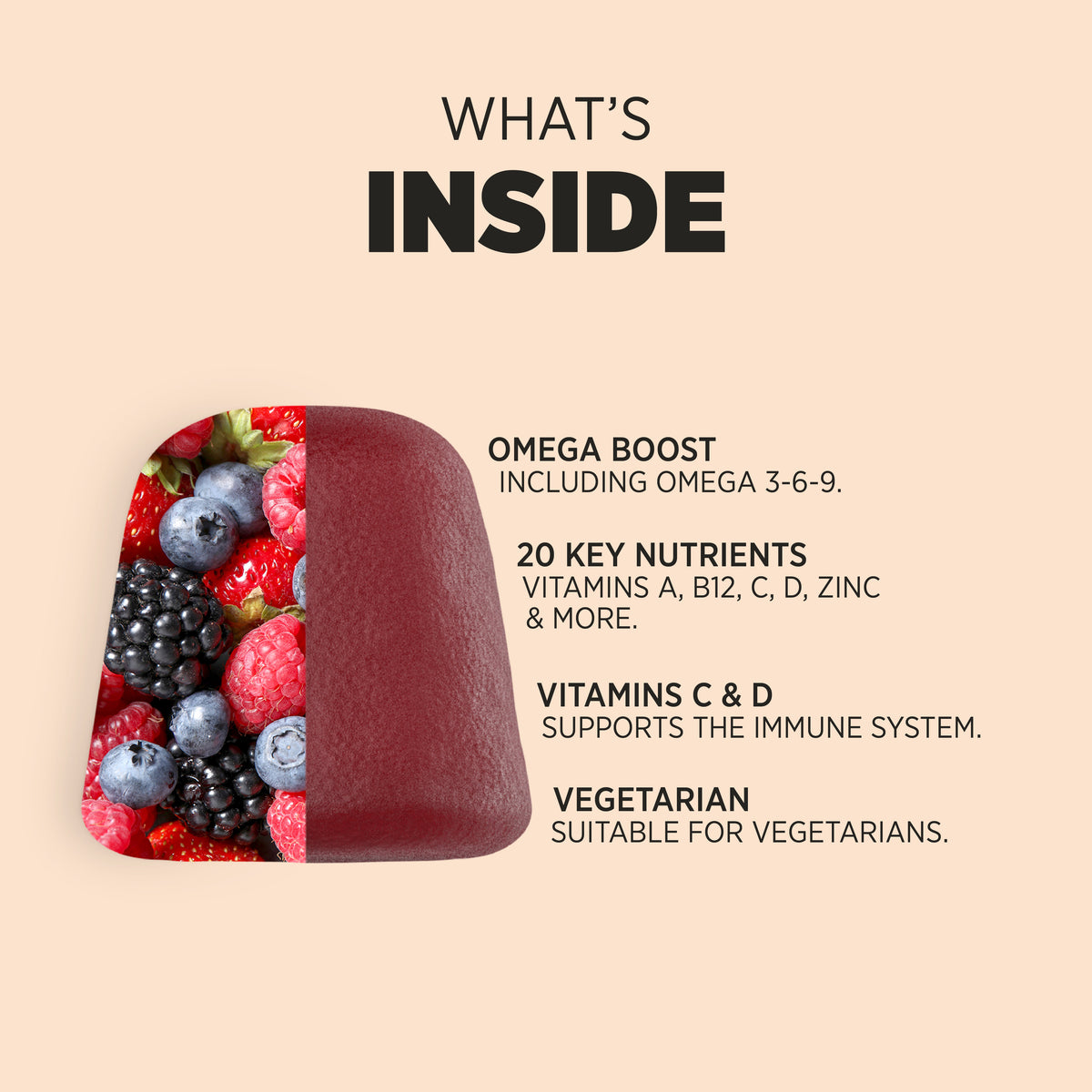 Product highlights graphic stating OMEGA BOOST (3-6-9), 20 KEY NUTRIENTS: A, B12, C, D, ZINC+, VITAMINS C & D FOR IMMUNE SUPPORT, VEGETARIAN