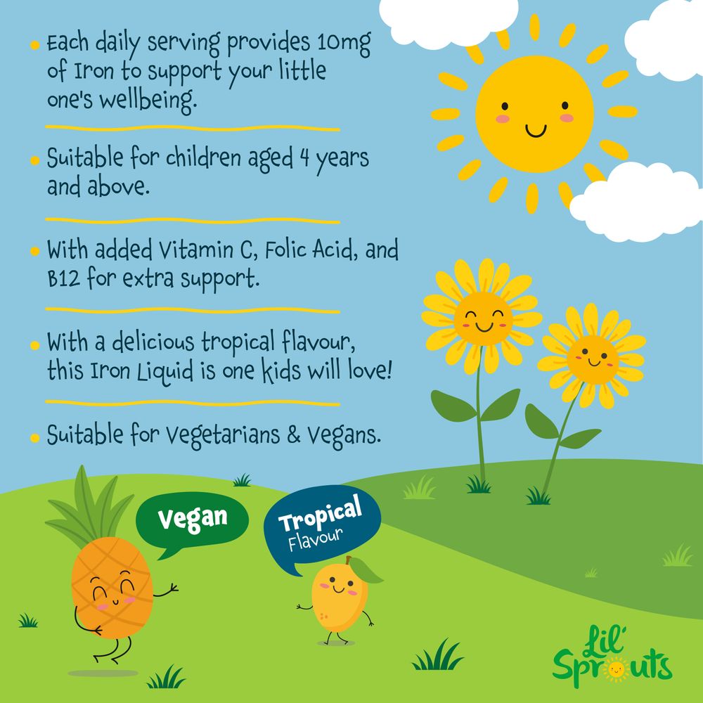 Graphic showing product highlights: 10mg Iron, for ages 4+, with Vitamin C, Folic Acid, B12, tropical flavor, vegetarian and vegan.