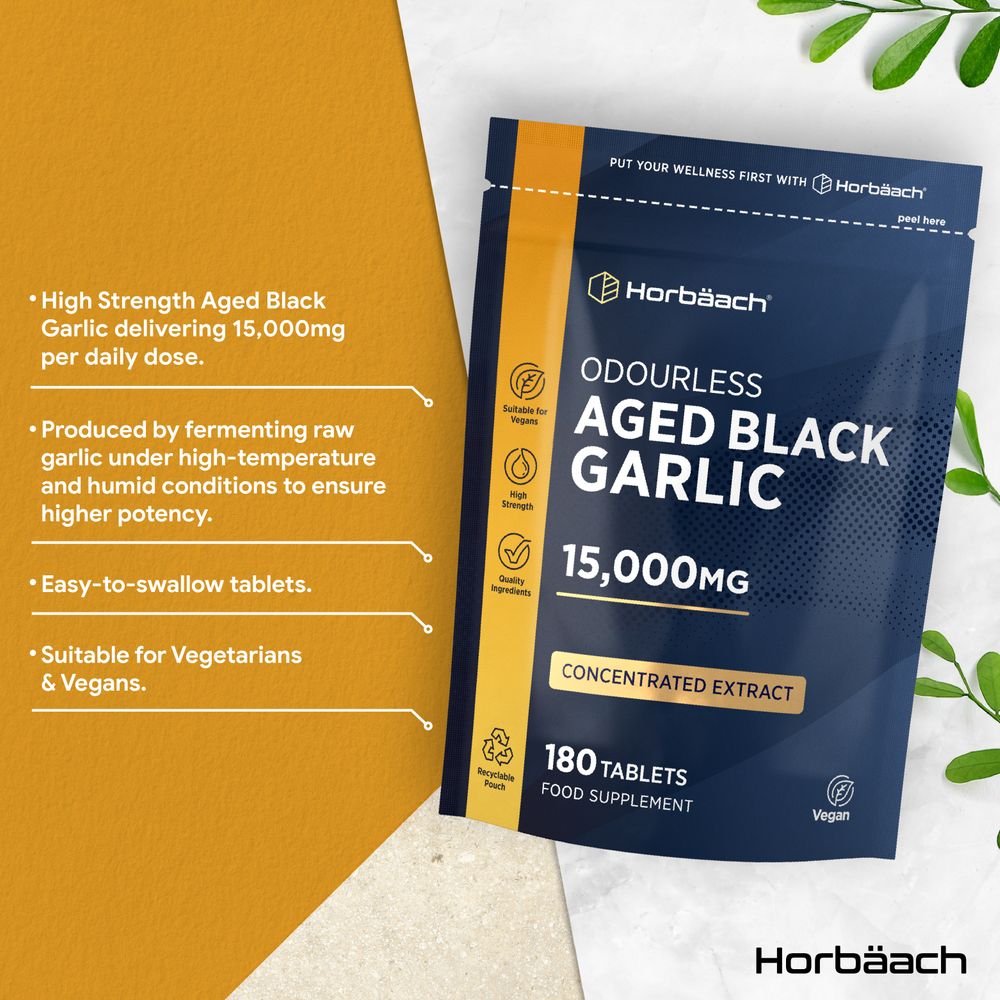 Bottle containing 180 tablets of odourless aged black garlic, each with a potency of 15,000mg.