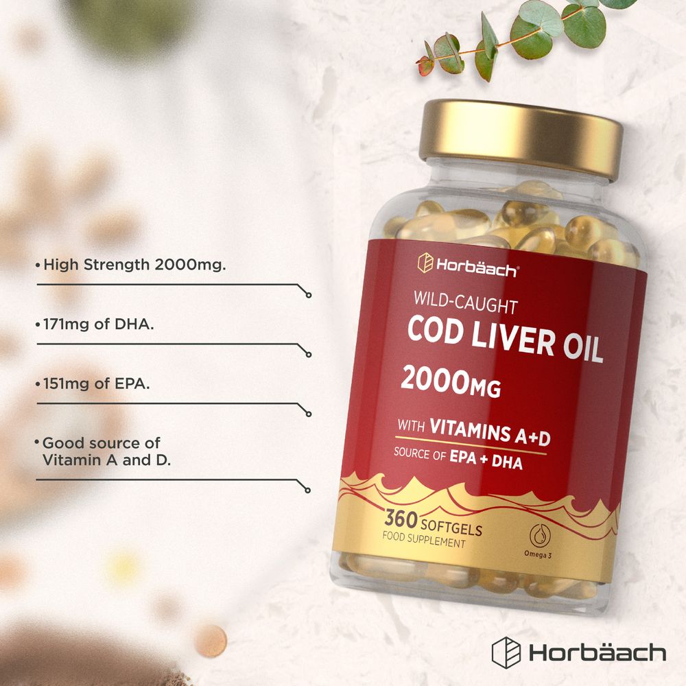 Horbäach Cod Liver Oil 2000mg with 360 softgels: 171mg DHA, 151mg EPA, plus Vitamins A and D.