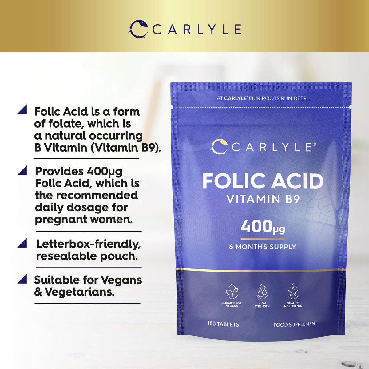 Folic Acid Vitamin B9 400µg, 180 tablets, lasting 6 months, packaged in a resealable pouch.