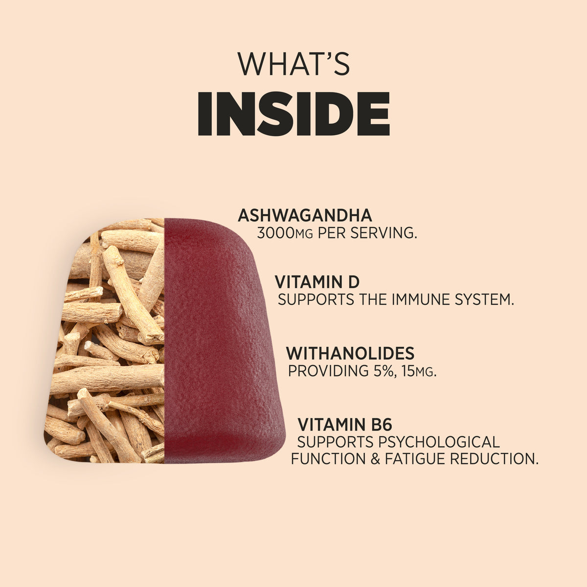 HU Ashwagandha 3000mg 60 Gummies: Red gummy split open revealing Ashwagandha roots; lists Vitamin D, Withanolides, Vitamin B6.