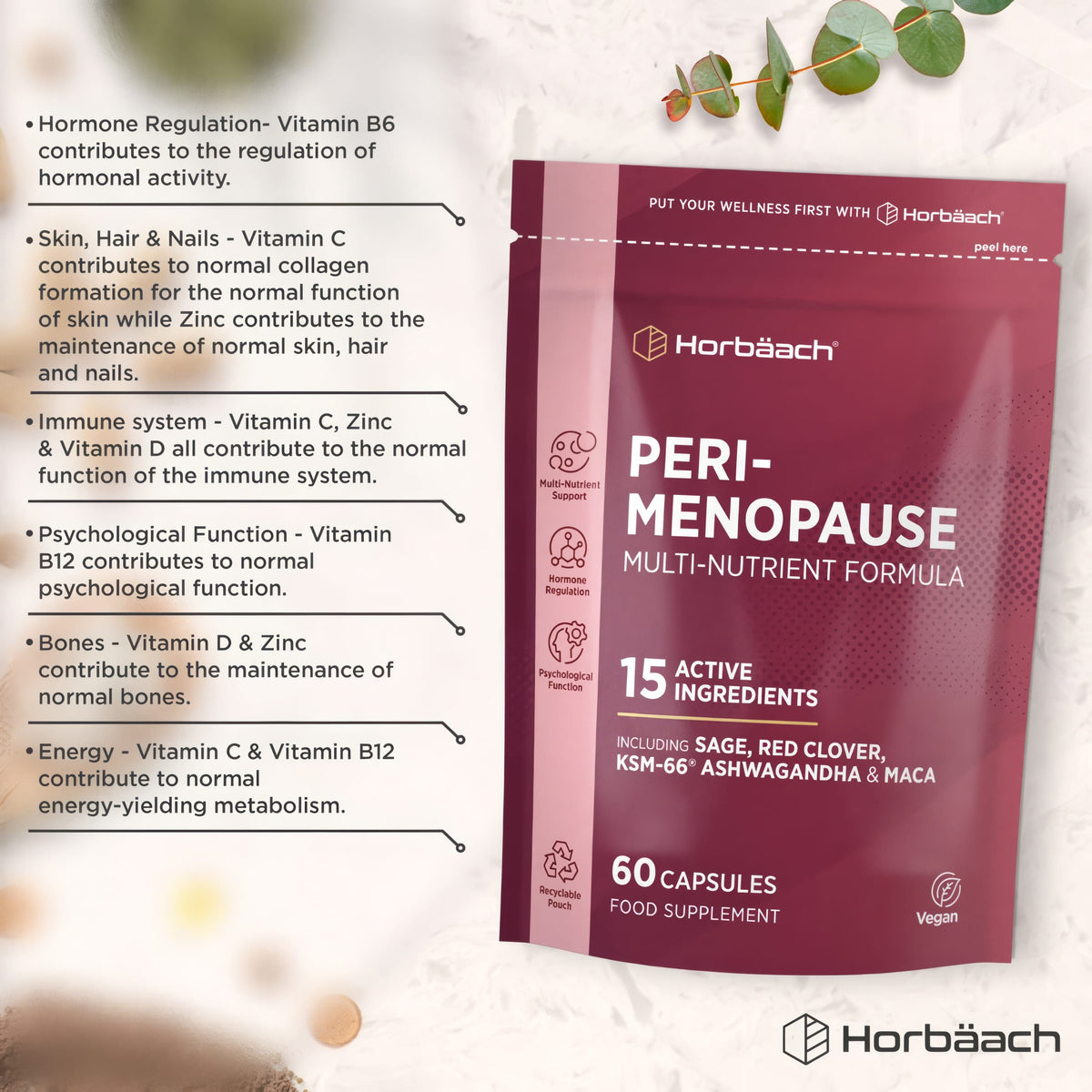 Product highlights graphic stating Hormonal (B6), Skin/Hair/Nails (C & Zinc), Immune (C, Zinc, D), Mental (B12), Bones (D & Zinc).