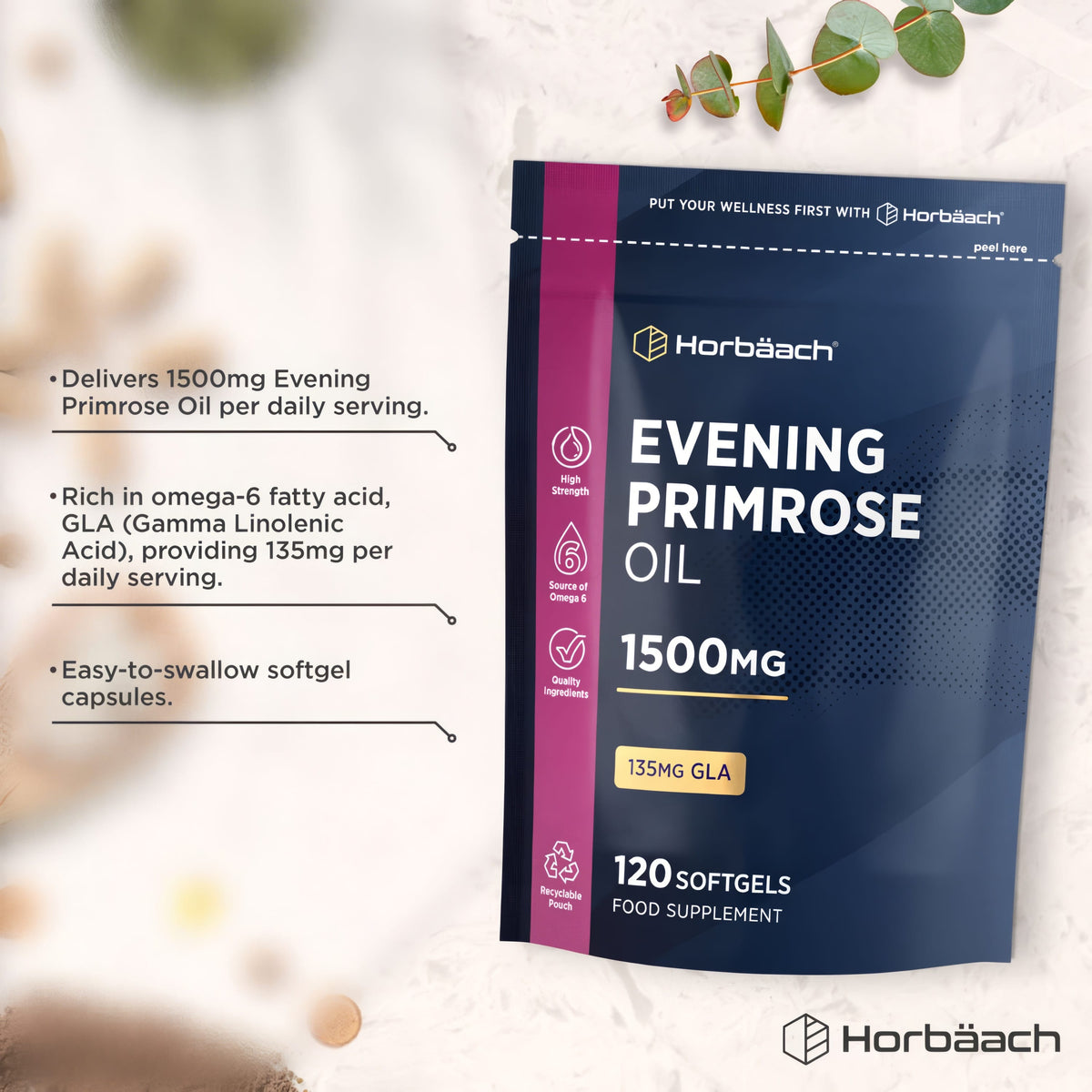 Product highlights graphic stating 1500mg Evening Primrose Oil, 135mg GLA omega-6, easy-to-swallow softgels.