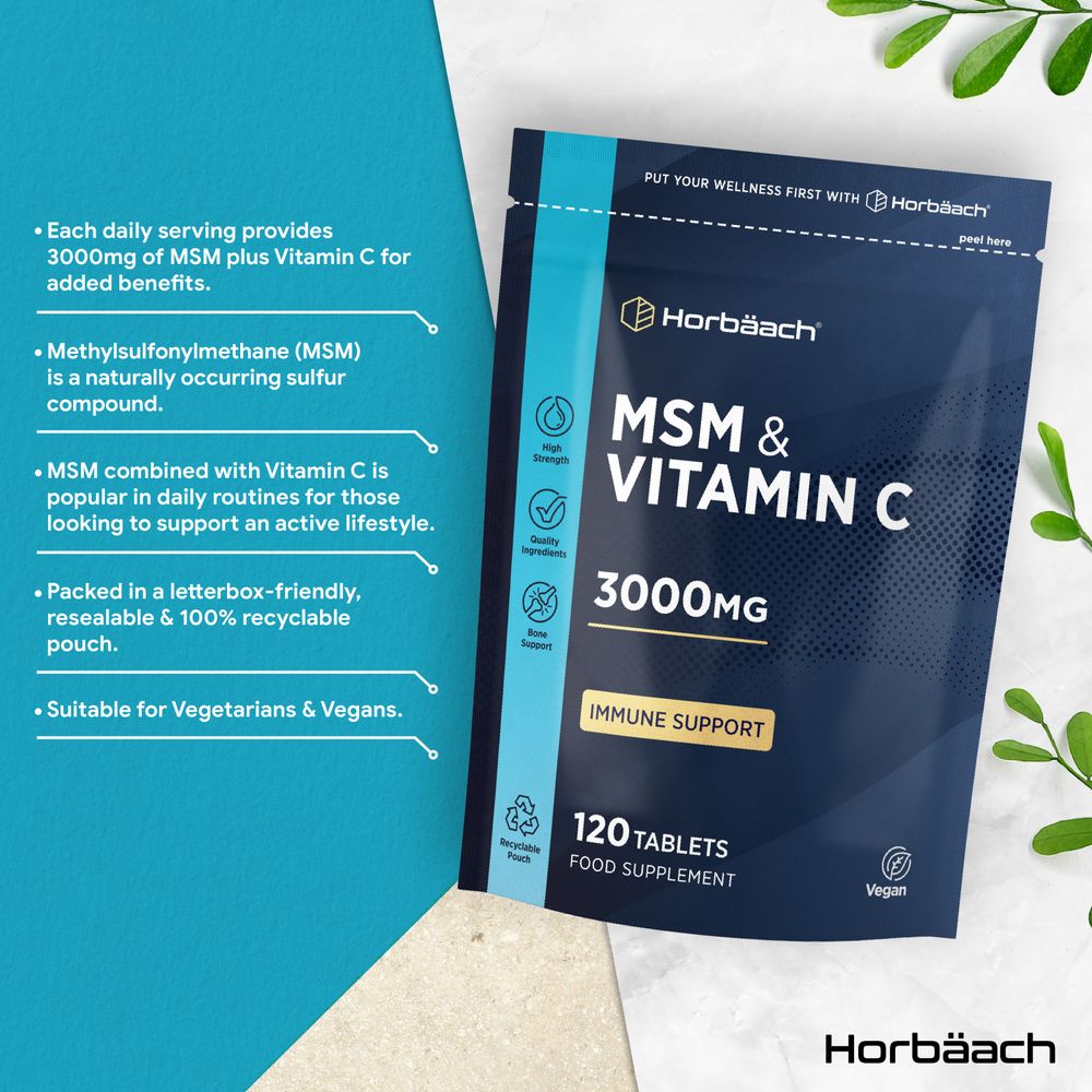 Bottle of MSM and Vitamin C supplements, 3000mg, containing 120 vegan tablets, shown on a hand scale.