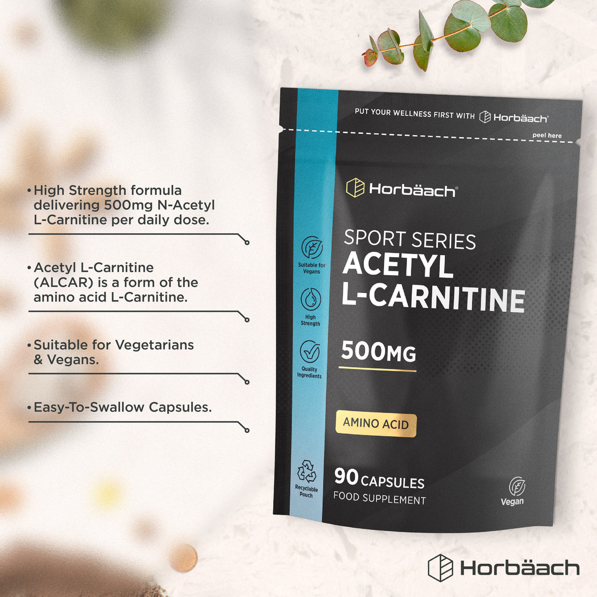 Horbäach Sport Series Acetyl L-Carnitine 500mg, 90 Vegan Capsules Food Supplement in a black and blue pouch.