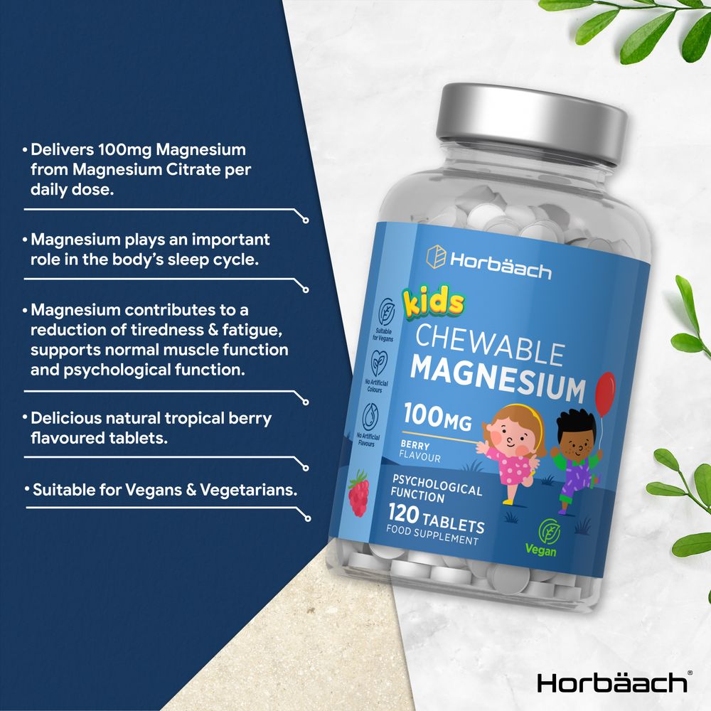 A clear bottle contains 120 white 100mg chewable magnesium tablets.
