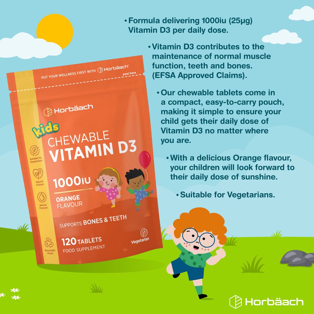 Horbäach Kids Chewable Vitamin D3 1000iu, 120 tablets shown with a hand for scale.