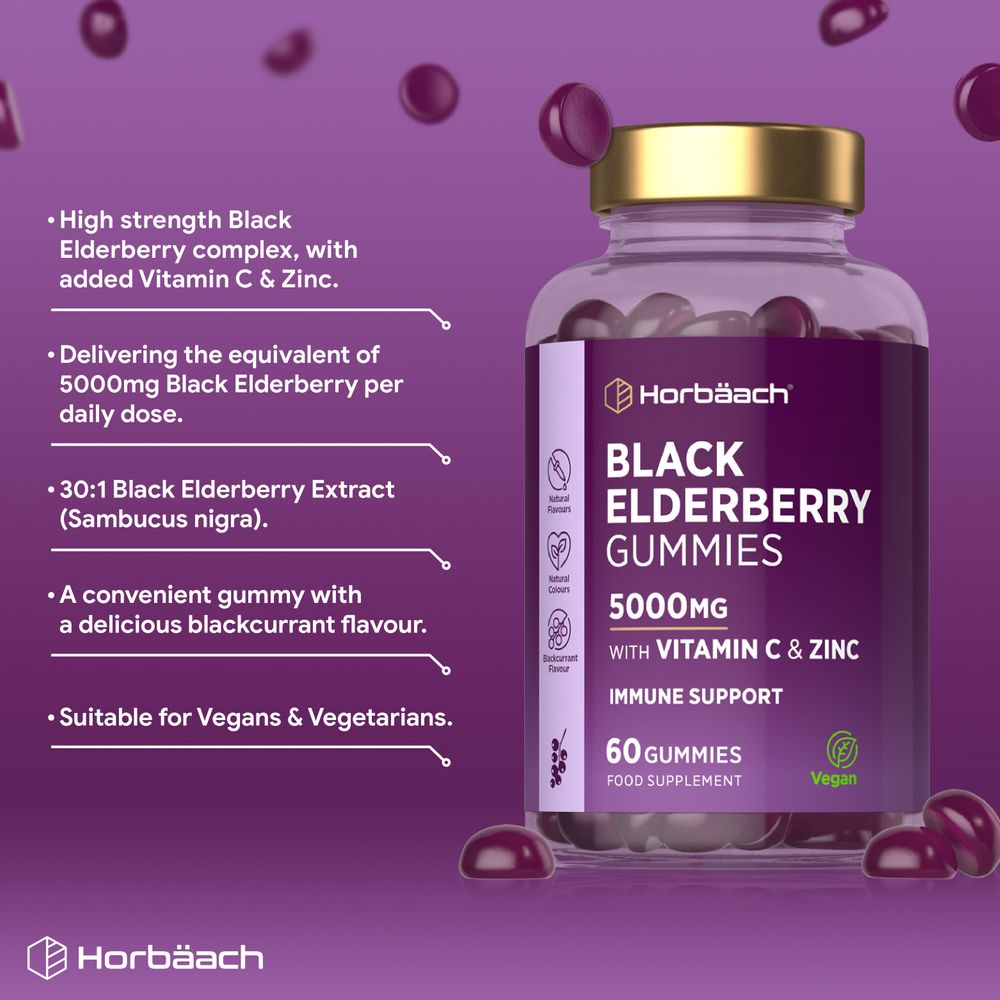 Black Elderberry 5000mg gummies with Vitamin C and Zinc, 60 count, vegan, shown on a hand for scale.