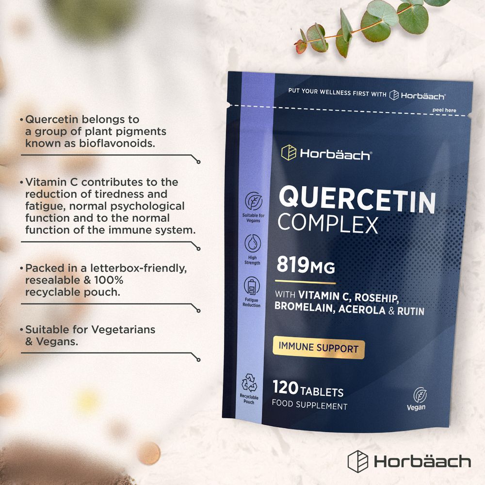 Horbäach Quercetin Complex 819MG, 120 Tablets pouch with Vitamin C, Rosehip, Bromelain, Acerola, and Rutin.