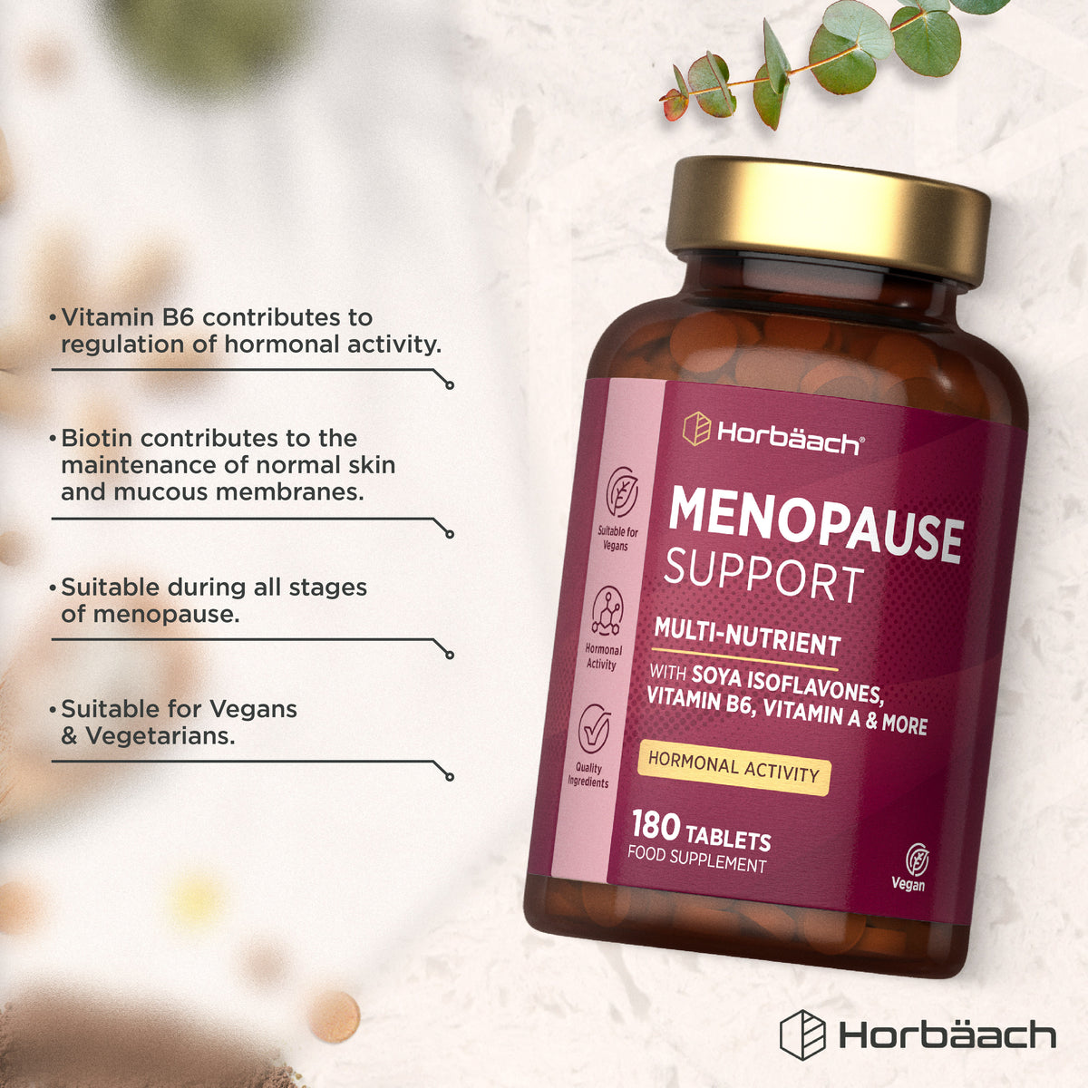 Horbäach Menopause Support Multi-Nutrient with Soya Isoflavones, Vitamin B6, Vitamin A, 180 Vegan Tablets.