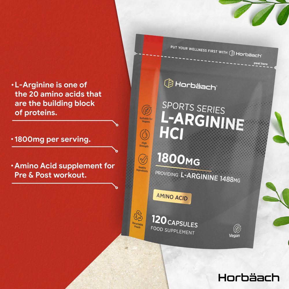 Hand holding a pouch of L-Arginine HCI 1800mg with 120 capsules, highlighting supplement quantity and form.
