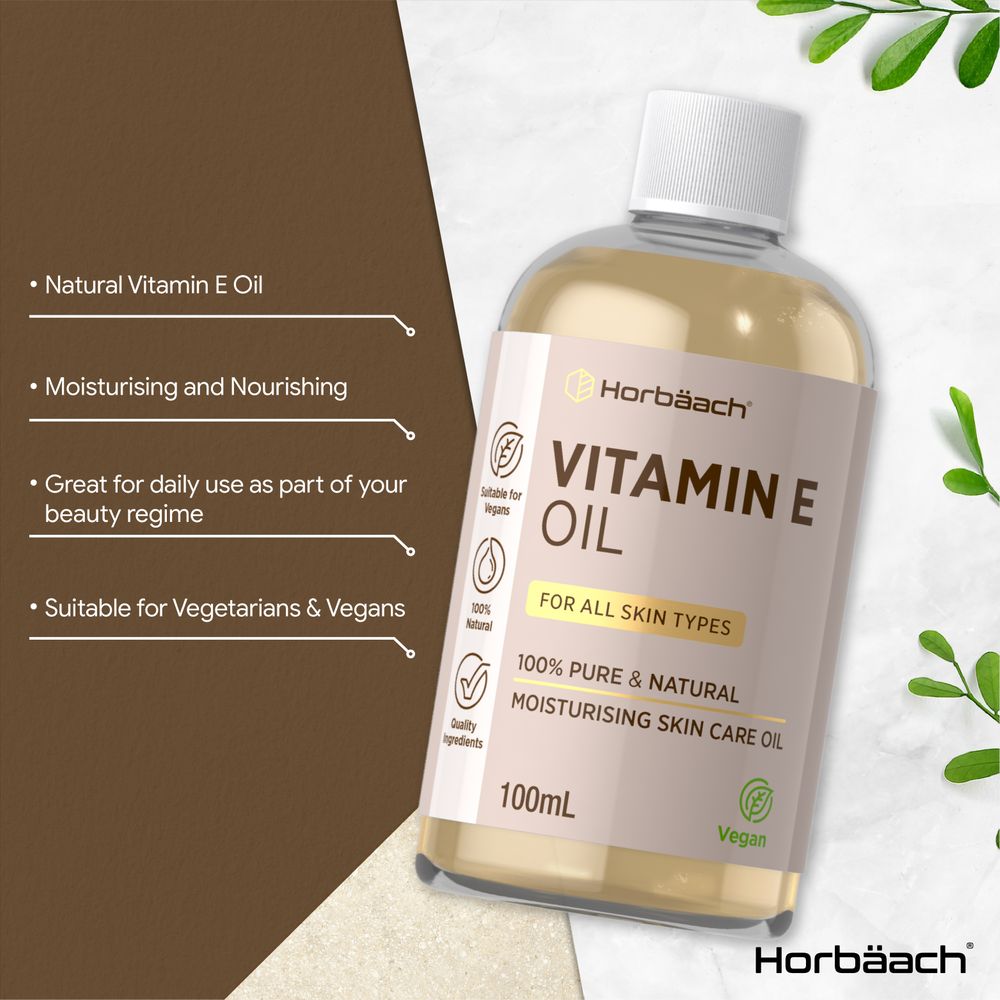 Horbäach Vitamin E Oil 100mL liquid, 100% pure and natural, moisturizing and nourishing, suitable for vegans.
