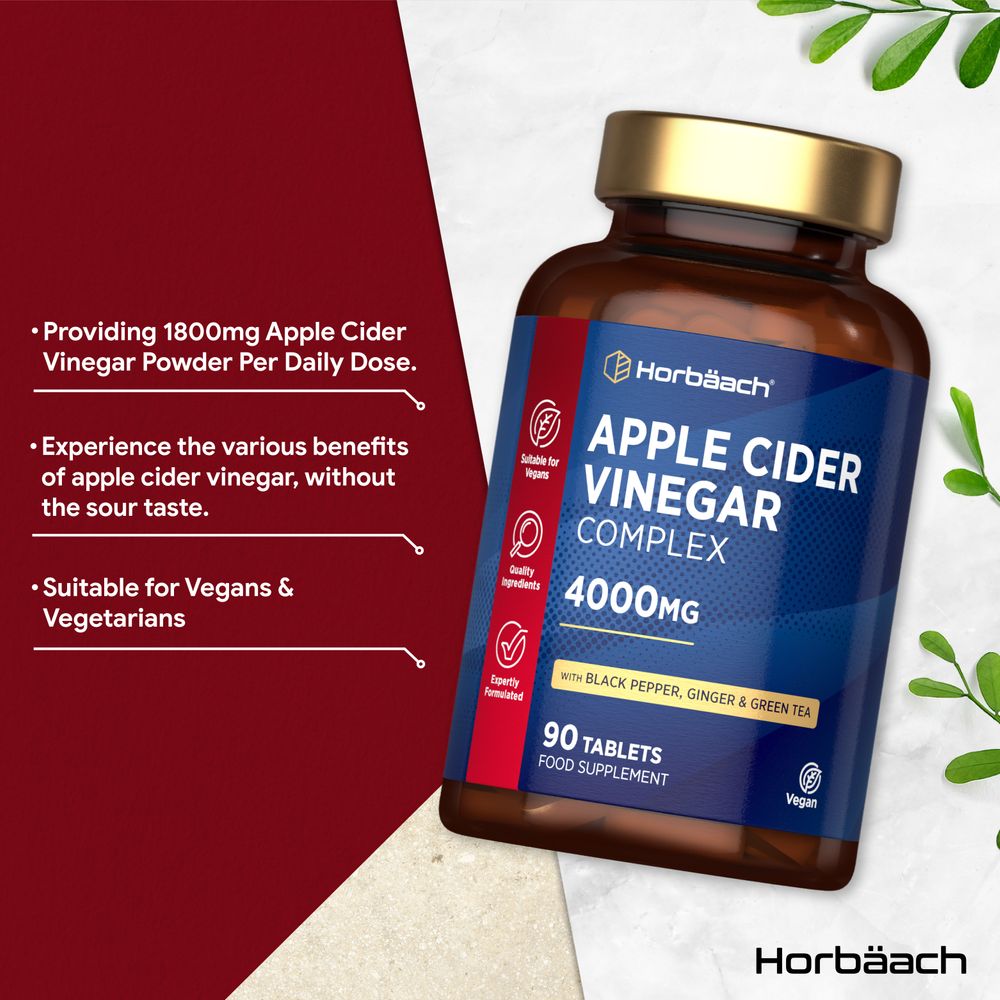 A bottle containing 90 vegan tablets of Apple Cider Vinegar Complex 4000mg, placed on a hand scale, showcasing its weight and size.
