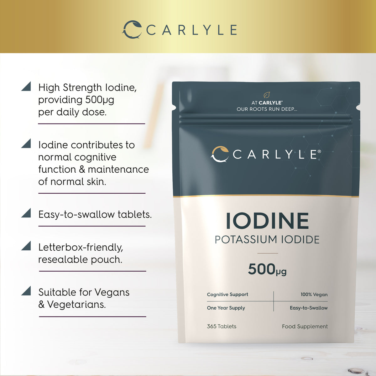 Product highlights graphic stating High Strength Iodine 500µg daily, supports cognitive function and healthy skin, Vegan tablets.
