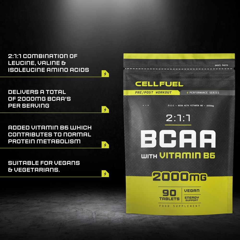 Product highlights graphic stating 2:1:1 Leucine, Valine, Isoleucine, 2000mg BCAA/serving, Vitamin B6 for protein metabolism, vegans & vegetarians.