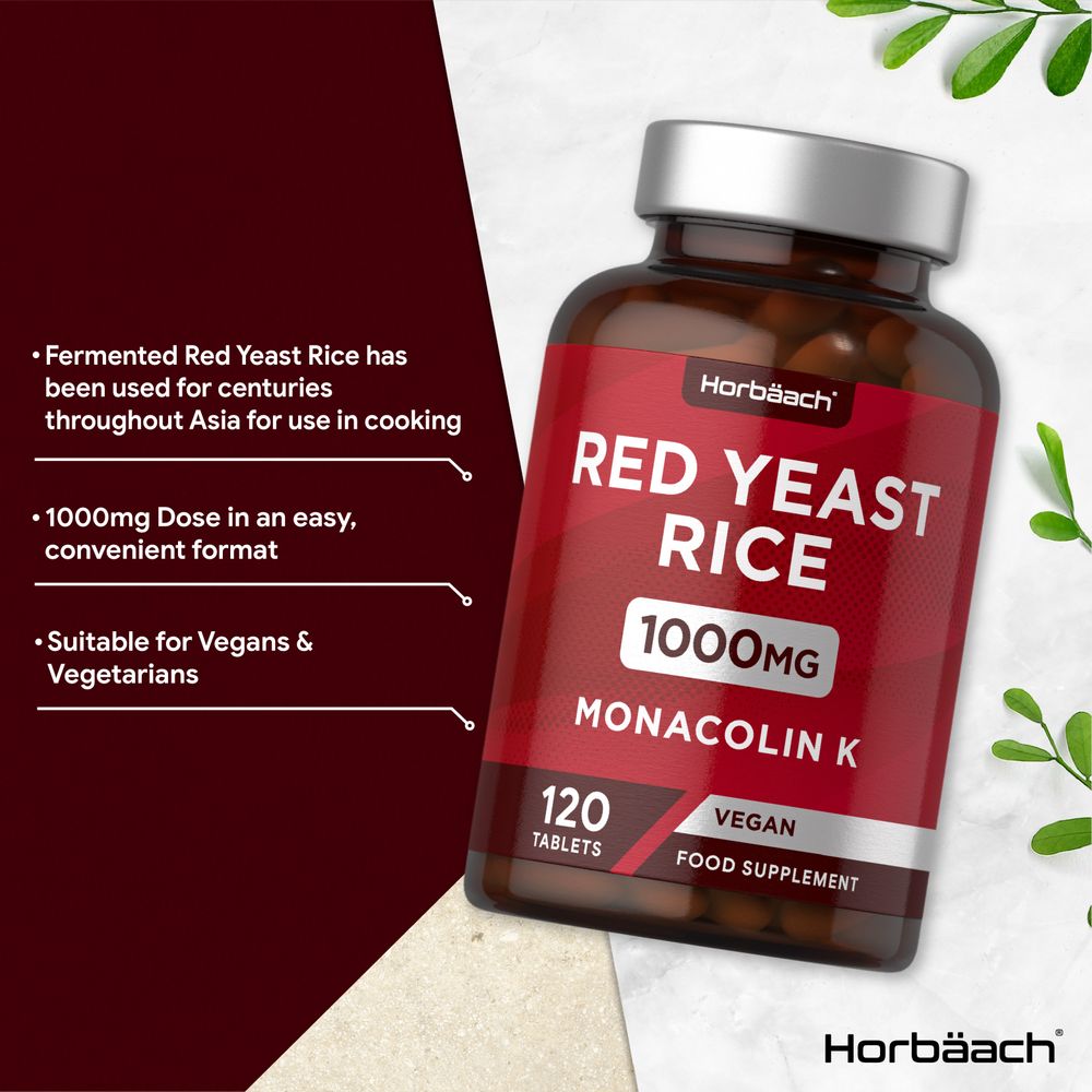 Red Yeast Rice 1000mg Monacolin K, 120 tablets on a hand scale.
