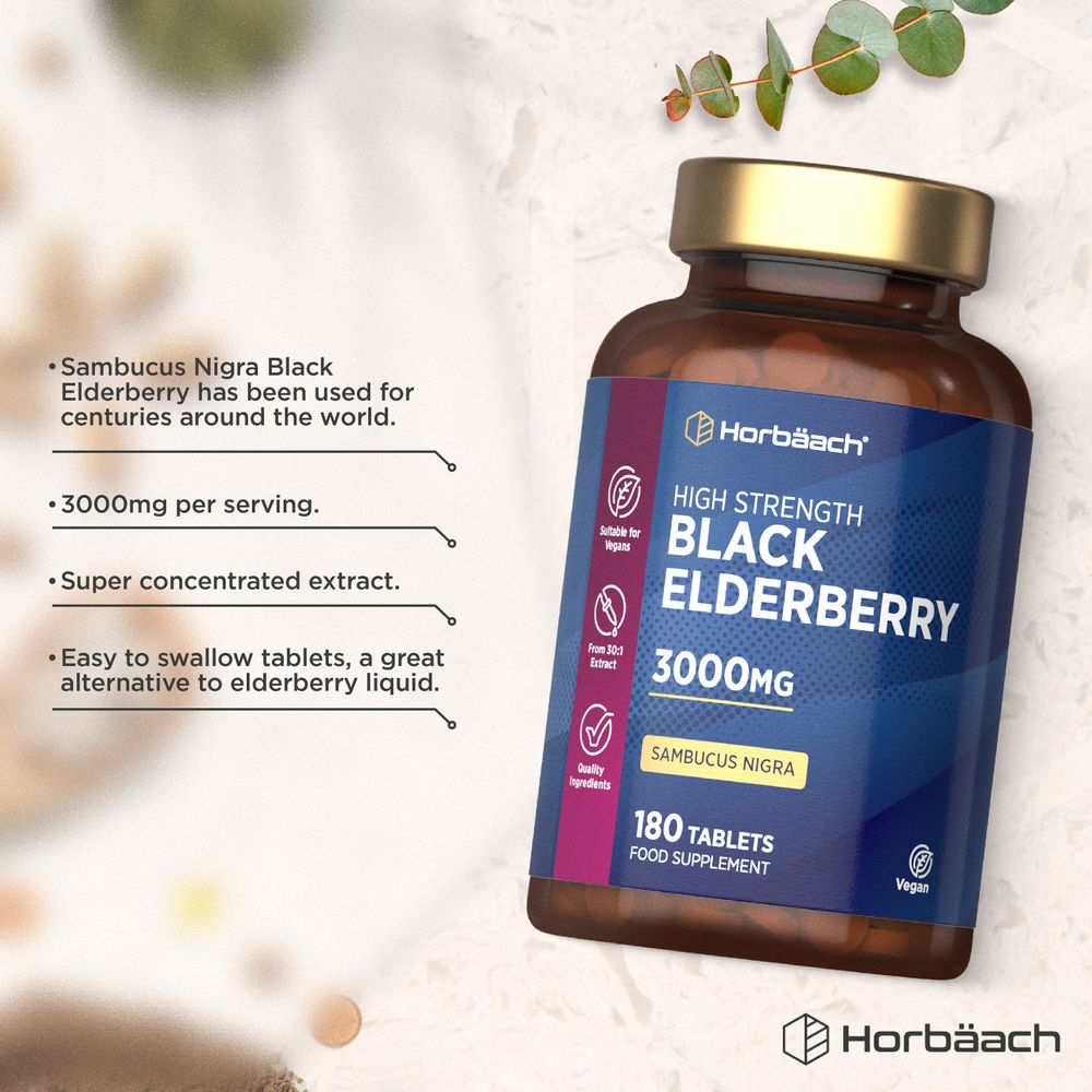 Hand holding a bottle of Black Elderberry 3000mg with 180 tablets.