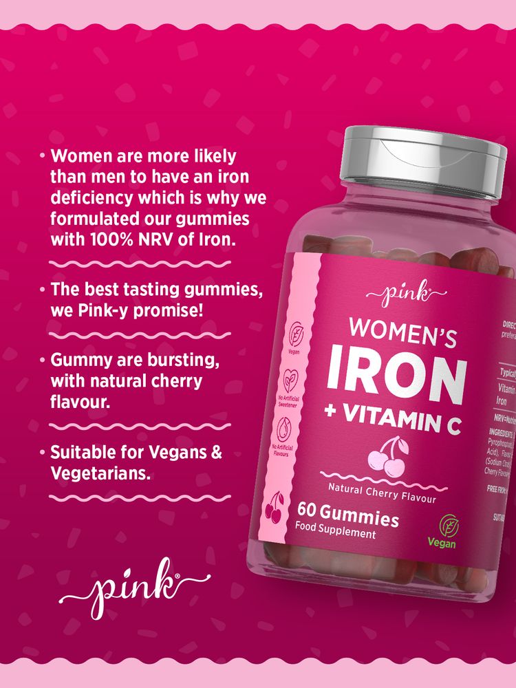 A hand holding a bottle of 60 vegan Iron + Vitamin C gummies, natural cherry flavor.