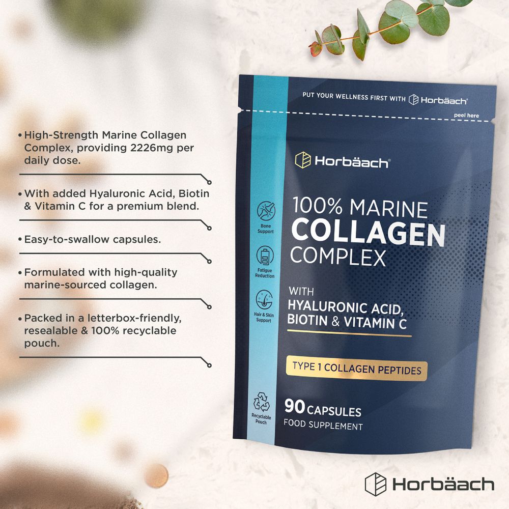 Horbäach 100% Marine Collagen Complex pouch containing 90 capsules.