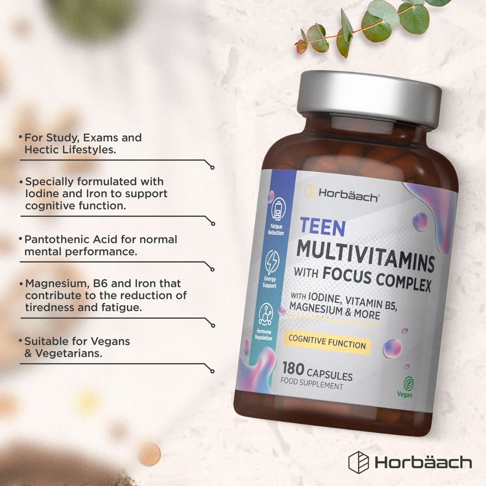 Hand holding bottle of Teen Multivitamins with Focus Complex, 180 vegan capsules, on white background.