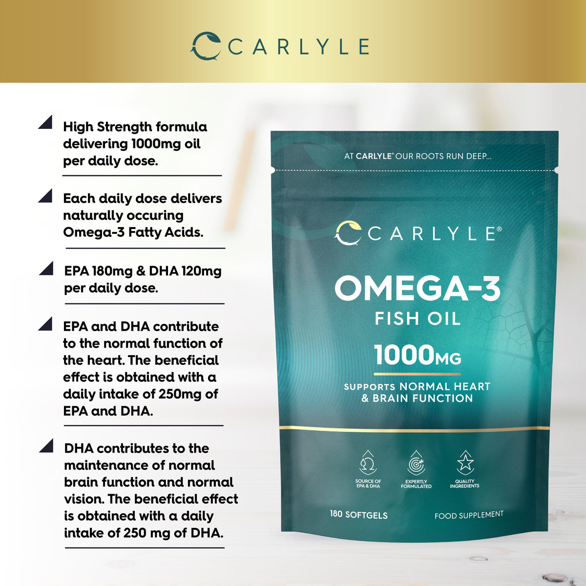 Product highlights graphic stating 1000mg daily naturally occurring Omega-3 Fish Oil (EPA 180mg, DHA 120mg). EPA/DHA support heart, DHA supports brain/vision.