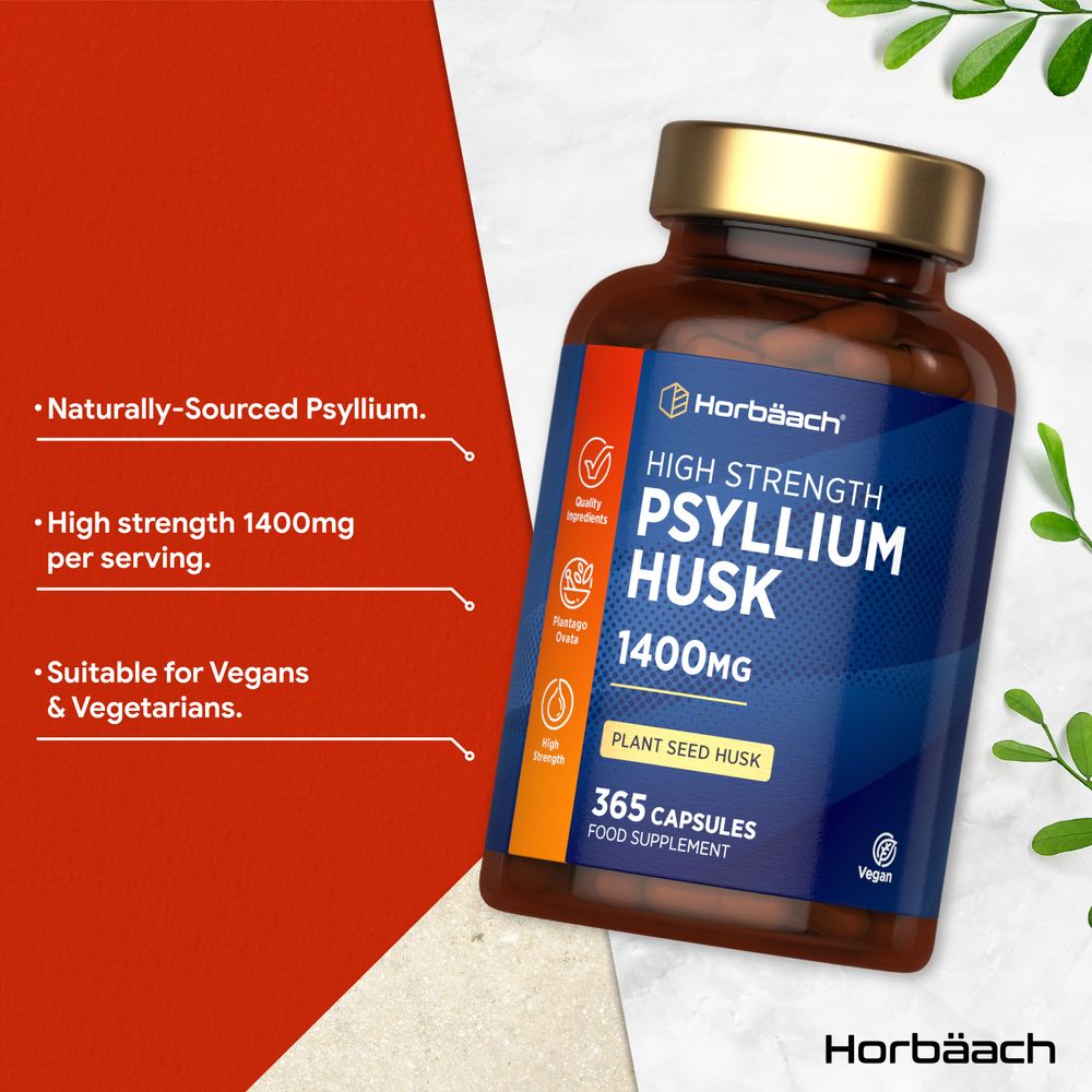 Hand holding a bulk bottle of 1400mg Psyllium Husk, containing 365 vegan capsules.