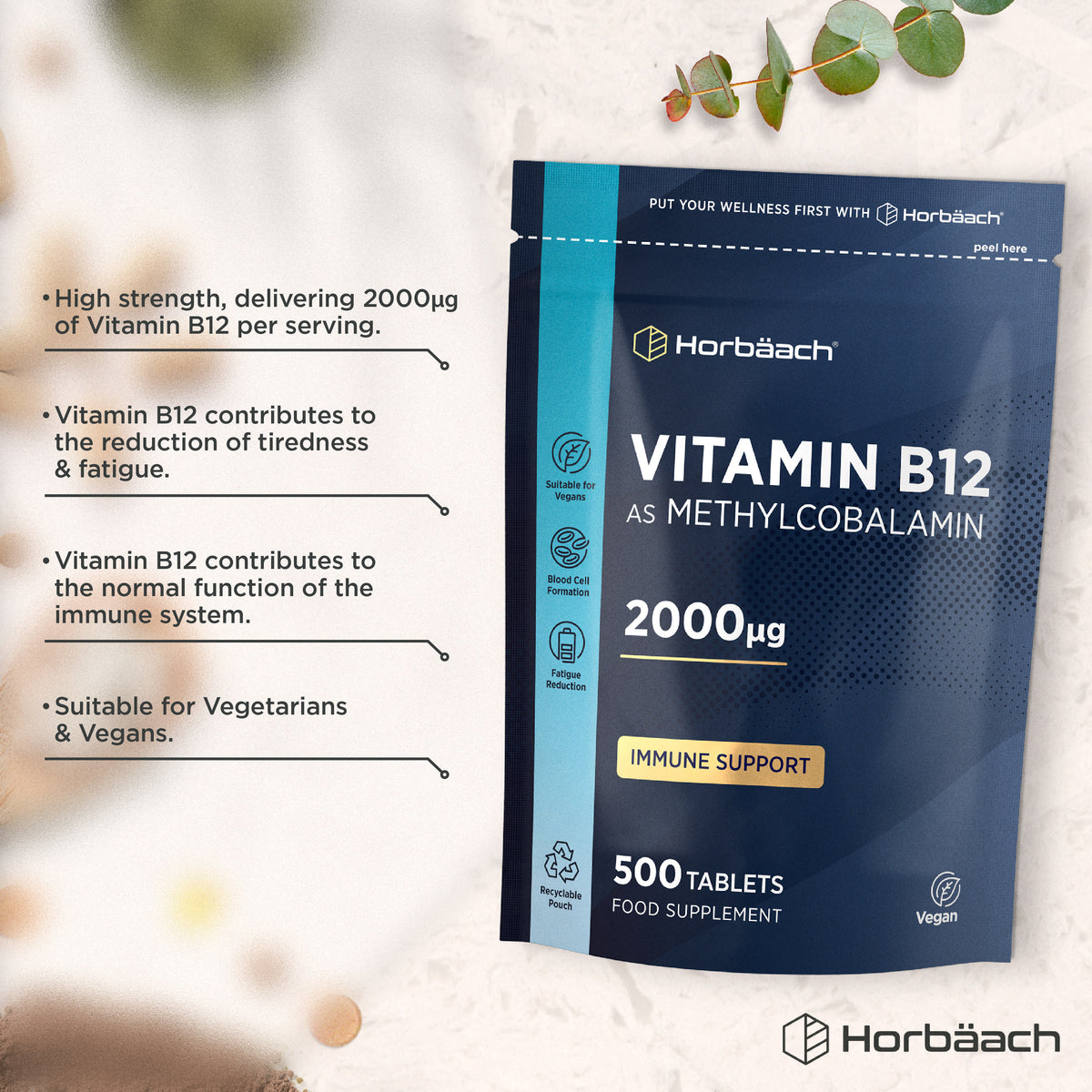 Horbäach Vitamin B12 as methylcobalamin 2000µg, 500 vegan tablets in a pouch.