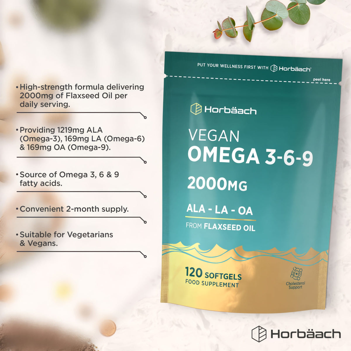 Product highlights graphic stating 2000mg Flaxseed Oil O3,6,9 (1219 ALA, 169 LA, 169 OA), 2-month supply, Vegan.