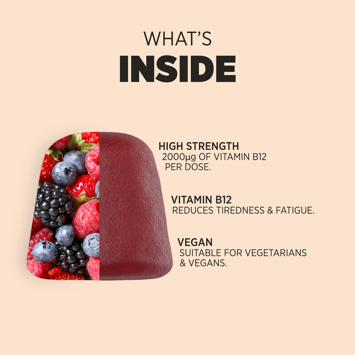 Product highlights graphic stating 2000µg Vitamin B12, high strength per dose, B12 reduces tiredness & fatigue, Vegan, suitable for vegetarians/vegans.