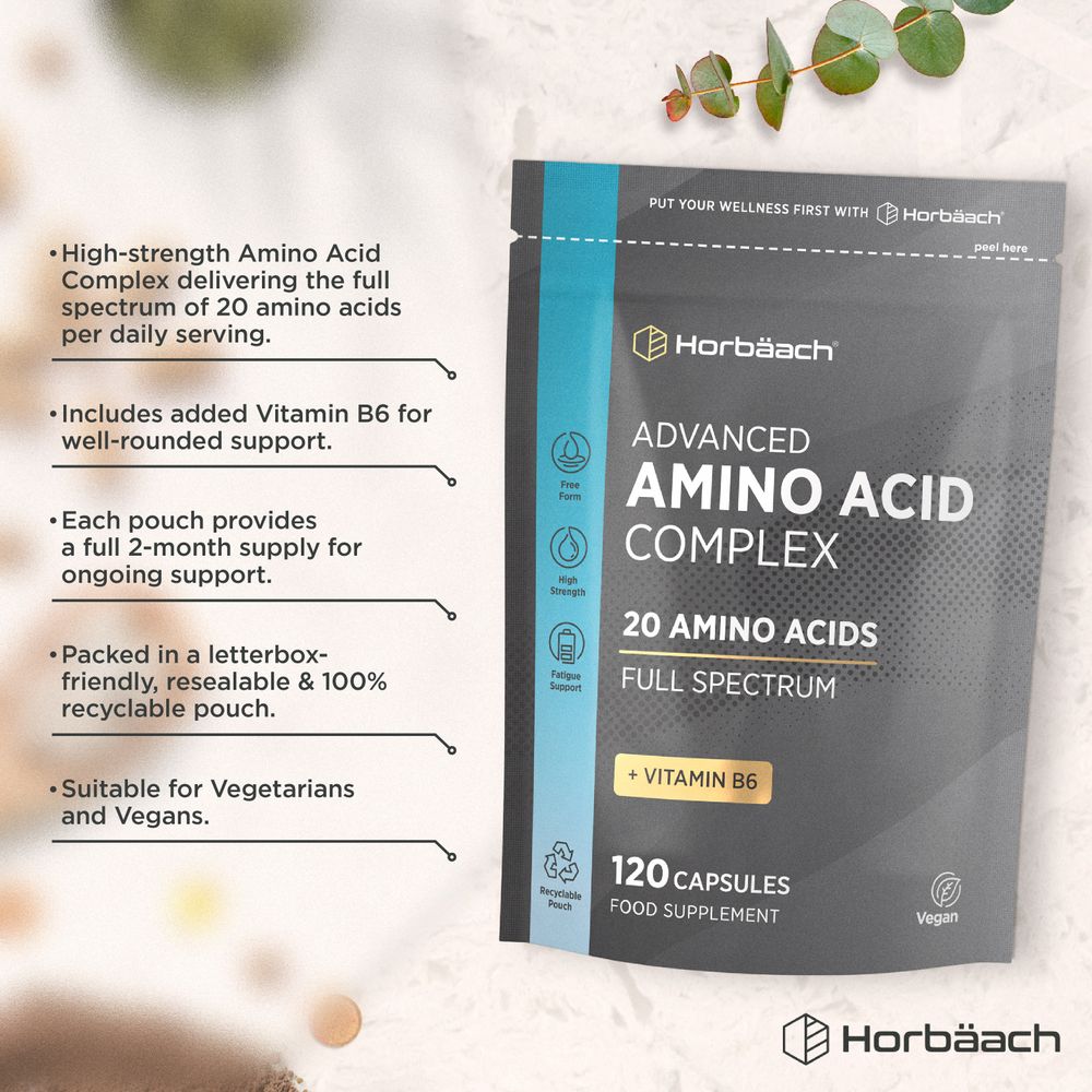 Hand holding a bottle of Amino Acid Complex 120 Vegan Capsules, showcasing product size and packaging.