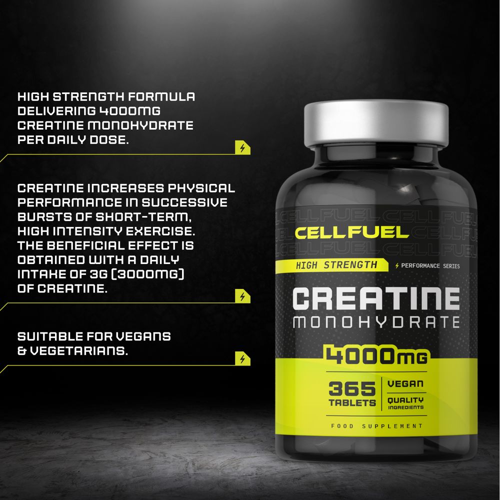 A hand holding a bottle of Creatine Monohydrate containing 4000mg, with 365 tablets for muscle support and energy boost.