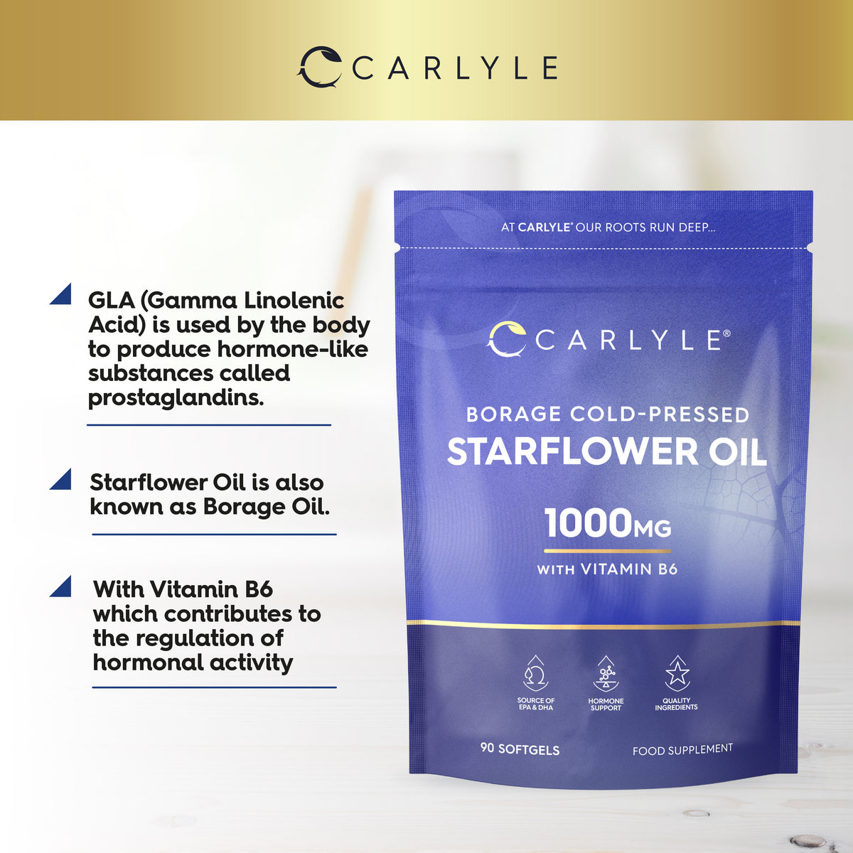 Carlyle Borage Cold-Pressed Starflower Oil 1000mg with Vitamin B6, 90 softgels, shown in bottle packaging.