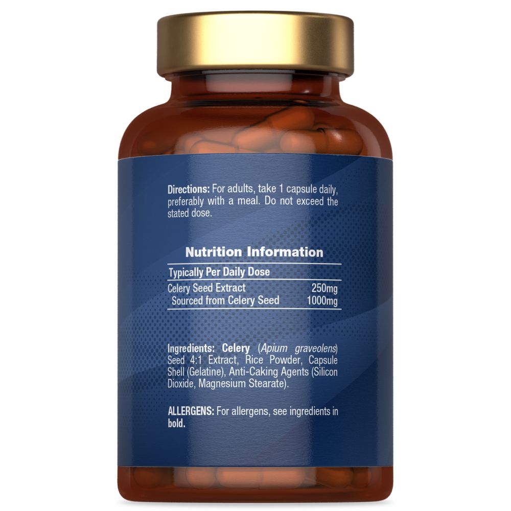 Hand holding bottle of Celery Seed 1000mg with 240 capsules, shown on a scale for bulk measurement display.