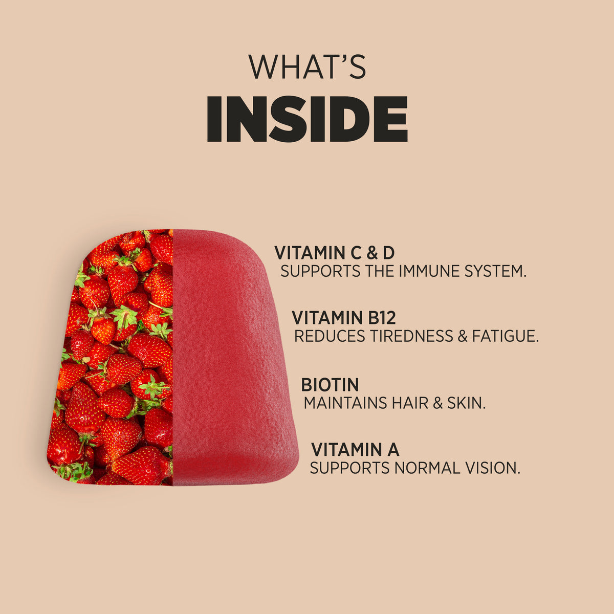 Product highlights graphic stating VITAMIN C & D Immune System, VITAMIN B12 Tiredness & Fatigue, BIOTIN Hair & Skin, VITAMIN A Normal Vision.