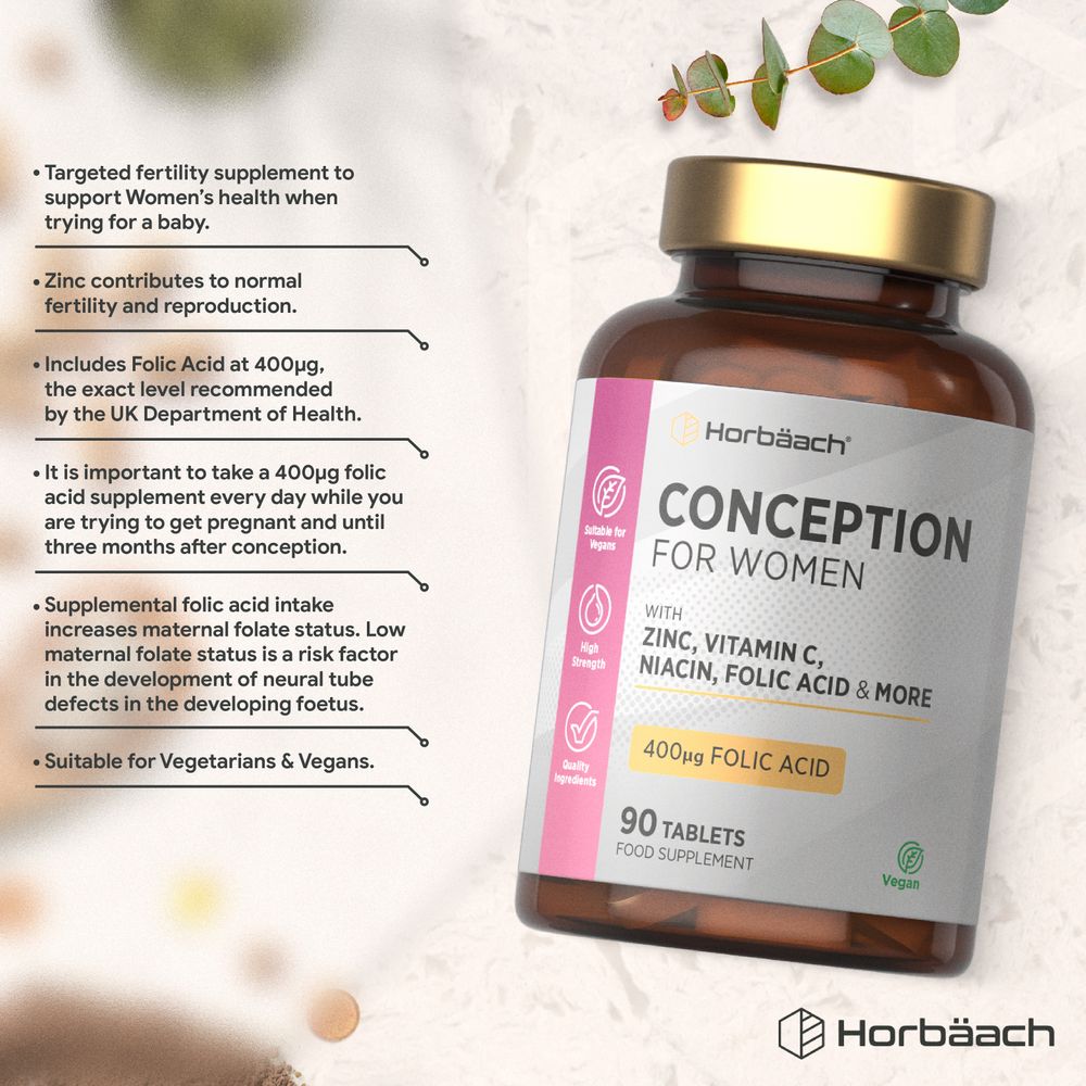 Horbäach Conception for Women tablets with Zinc, Vitamin C, Niacin, 400µg Folic Acid, and more, shown on a hand scale.