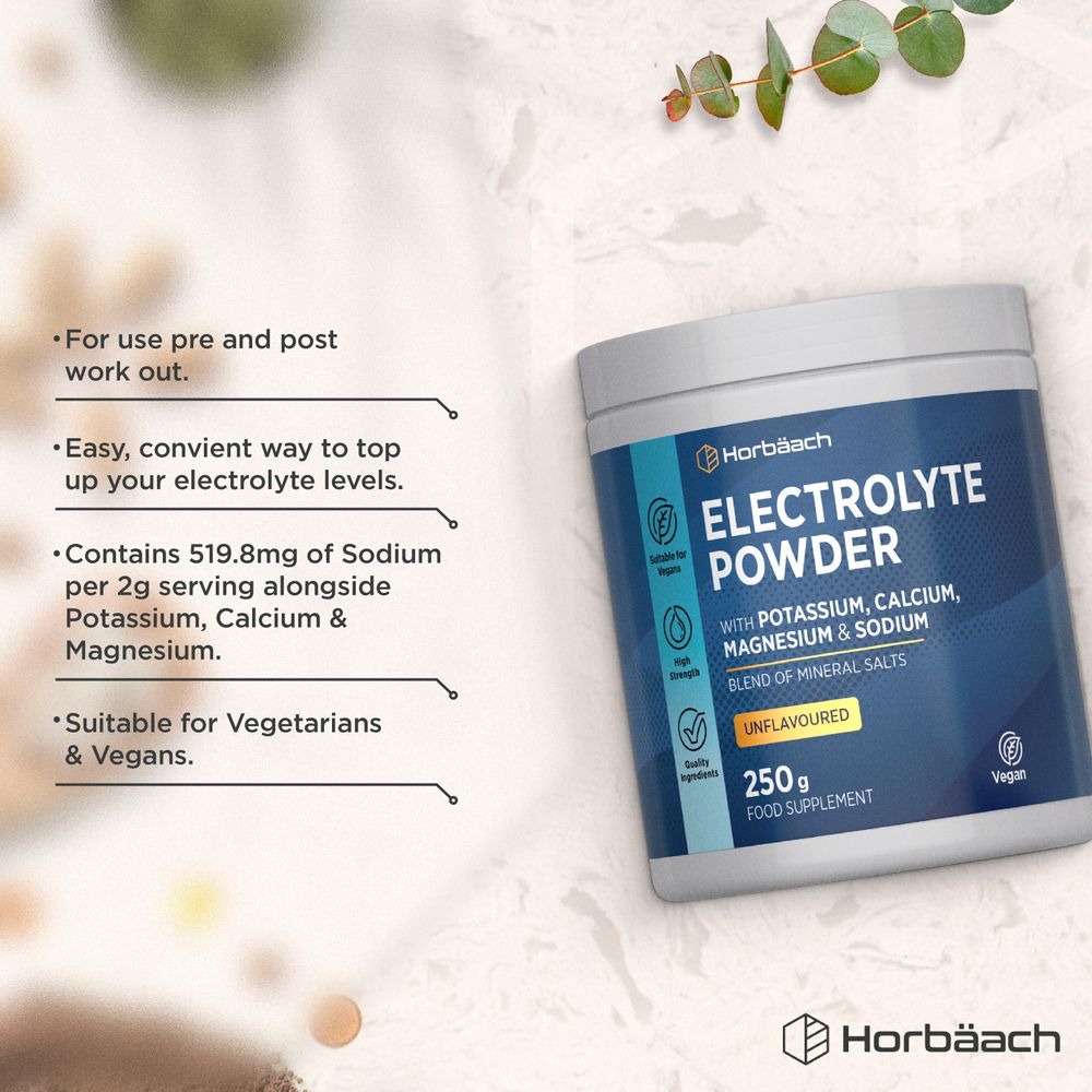 Horbäach Electrolyte Powder, 250g supplement, unflavoured, contains potassium, calcium, magnesium, and sodium.