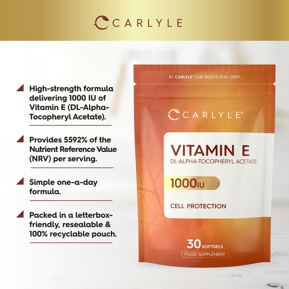 Vitamin E DL-Alpha-Tocopheryl Acetate 1000 IU, 30 Softgels pouch with high-strength formula, 5592% NRV, one-a-day dose.