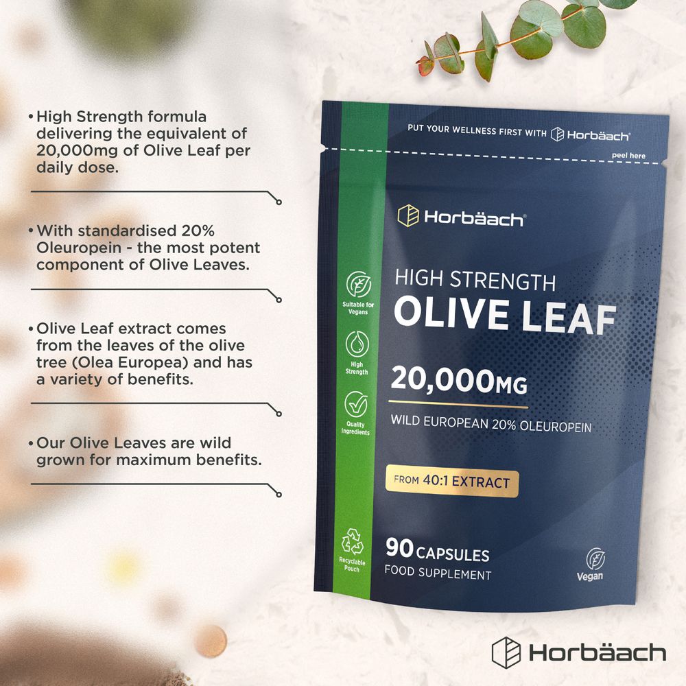 A bottle of high-strength Olive Leaf extract, 20,000mg per serving, containing 90 vegan capsules, placed on a hand-scale.