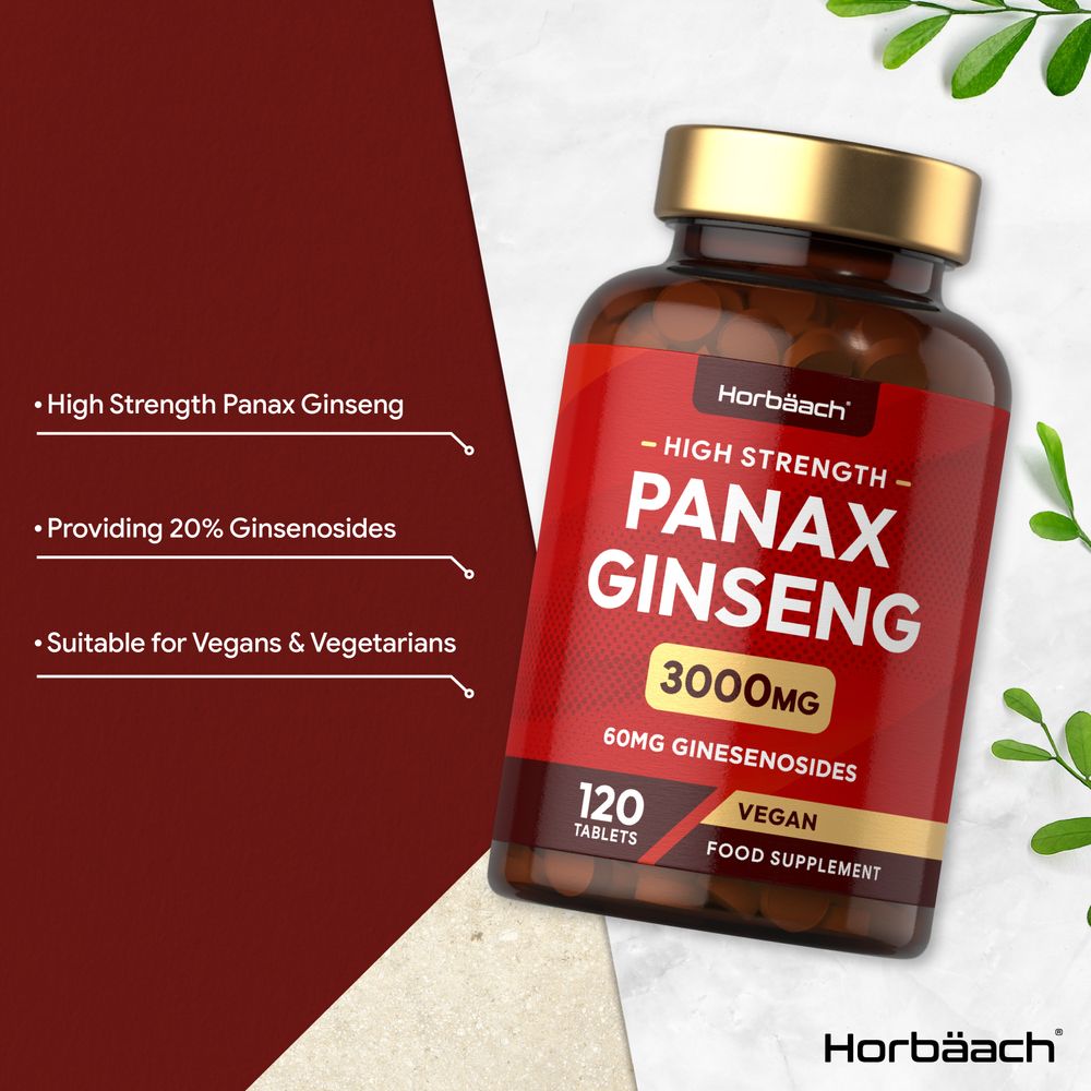 Panax Ginseng 3000mg bottle with 120 vegan tablets shown on a hand scale, emphasizing a bulk quantity for ease of use.
