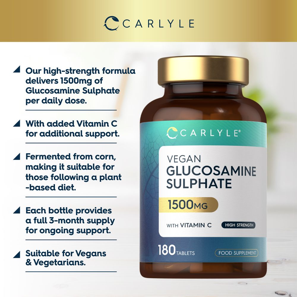 Product highlights graphic stating 1500mg Glucosamine Sulphate daily, With Vitamin C, Corn-fermented, plant-based, 3-month supply, Vegan & Vegetarian.