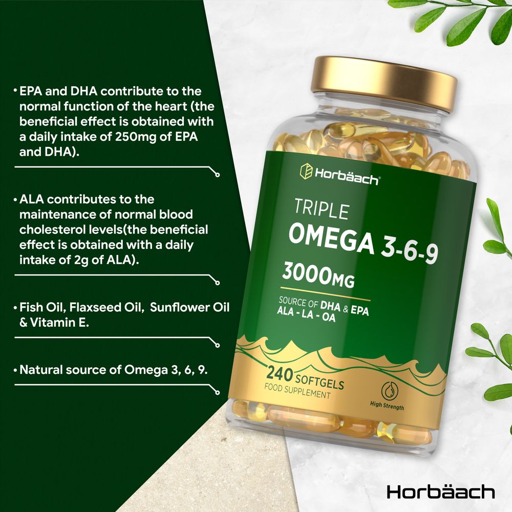 Clear bottle containing 240 softgels of Triple Omega 3-6-9, providing 3000mg dosage.