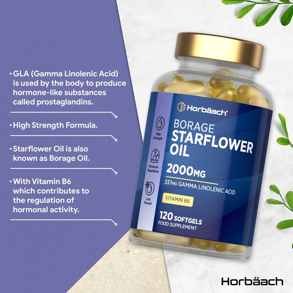 Borage Starflower Oil supplement: 2000mg, 120 softgels, shown on bulk scale with hand for reference.