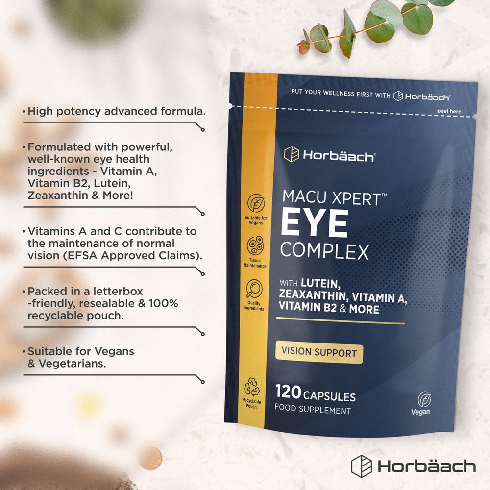 Horbäach MACU XPERT Eye Complex pouch containing 120 vegan capsules shown on a hand scale.